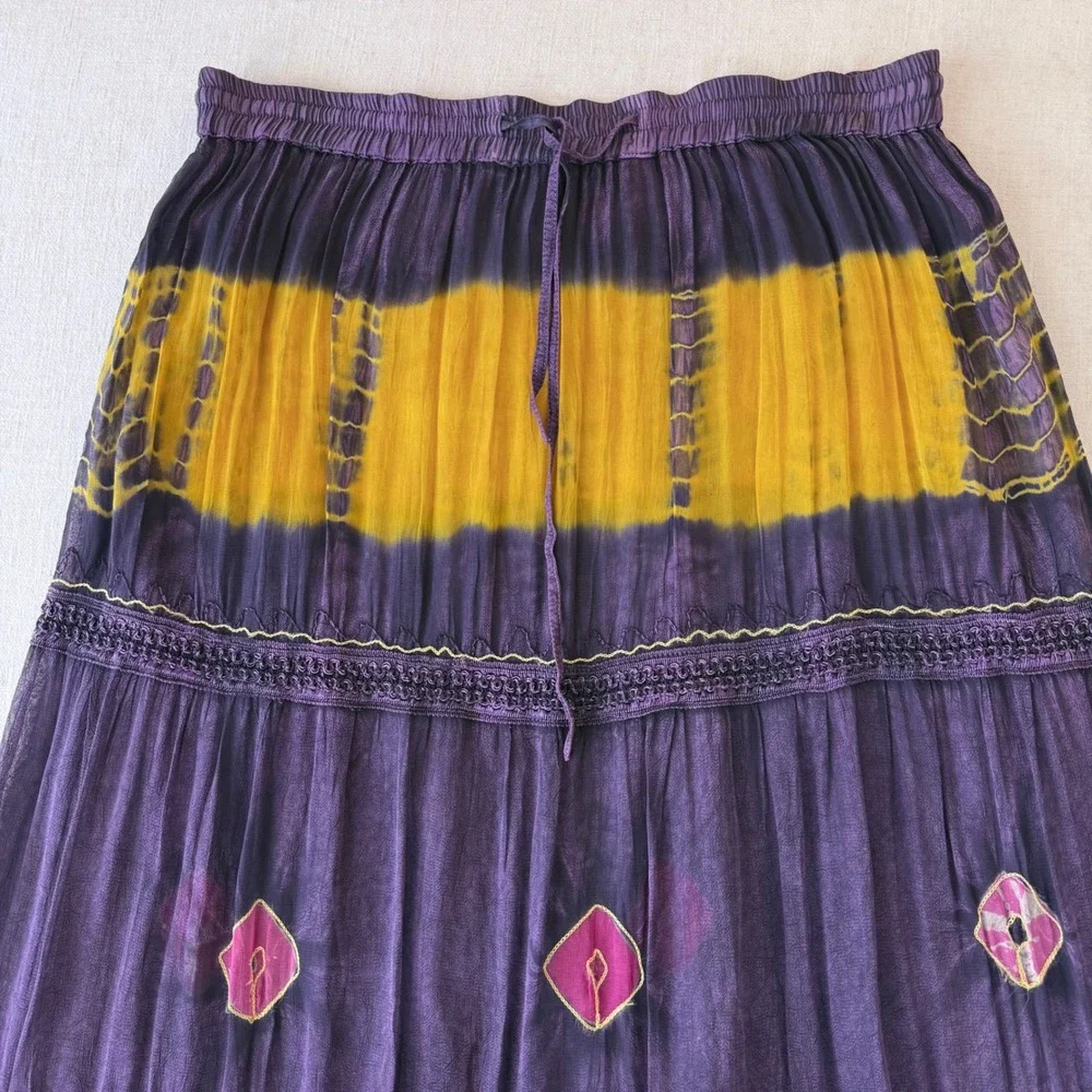 Boho Purple Yellow Tie Dye Embroidered Tiered Maxi‎ Skirt One Size Rayon